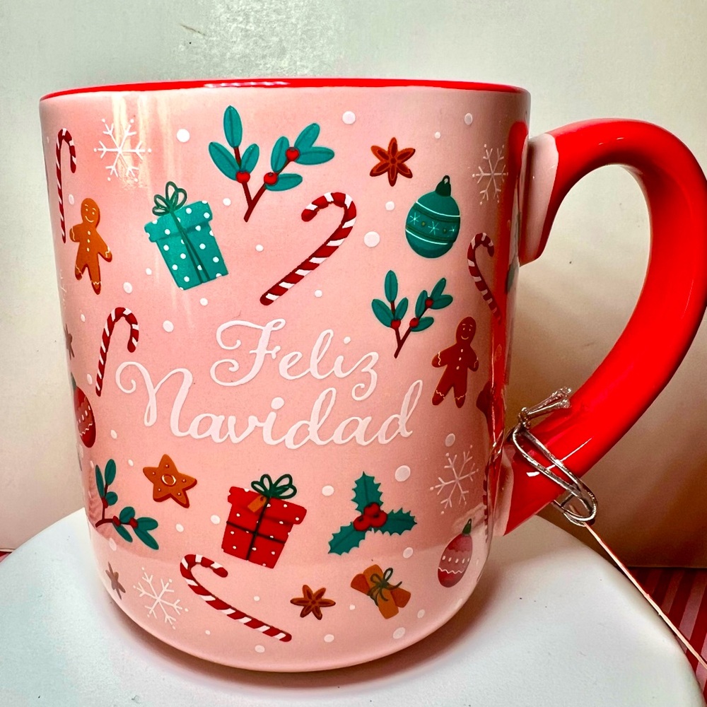Feliz Navidad Gingerbread Man Pink Christmas Mug Candy Cane Snowflake Spices